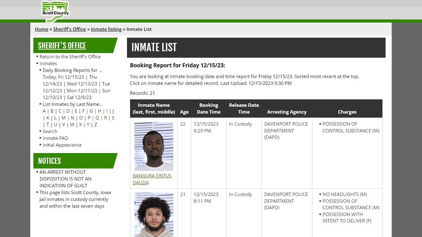 Inmate List - Scott County, Iowa